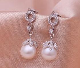 Rhodium Plated Fresh Water Pearl Earrings - Flower Buds